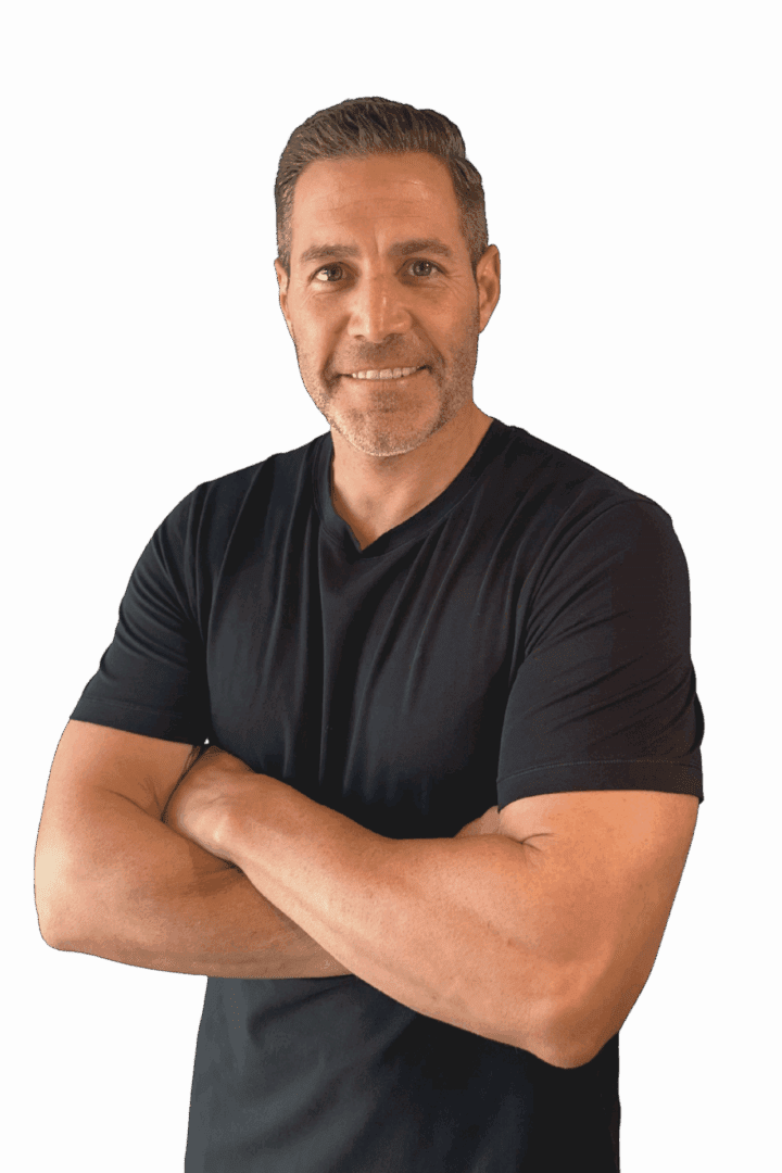 Confident middle-aged man with crossed arms in a black t-shirt.